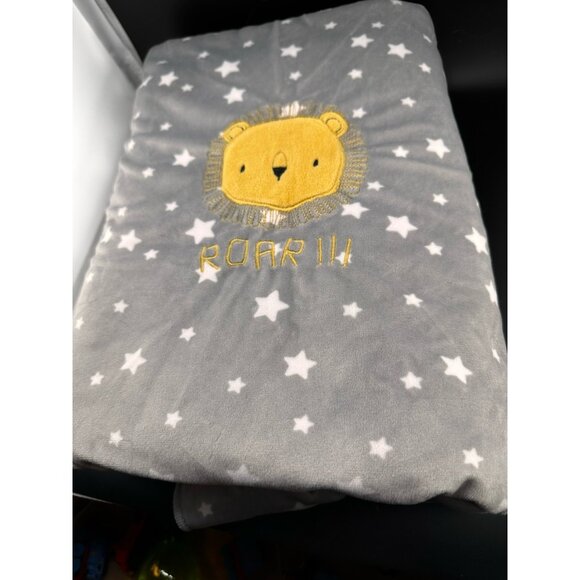 Just Born Lion Roar Security Blanket Lovey 35x30 Gray White Stars Fleece Velour - Picture 1 of 8